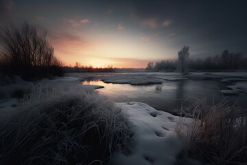 Frozen lake and trees. Unpredictable natural behavior create lovely landscapes. Generate AI