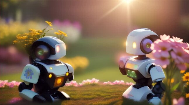Couple of robots fall in love in spring . High quality FullHD footage