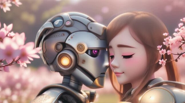 Couple of robots fall in love in spring . High quality FullHD footage