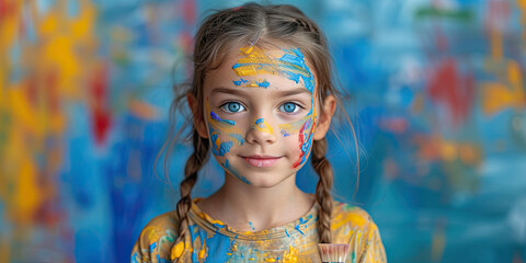 Child painting messy face, finger painting children, vibrant paints, art time mess, generated ai