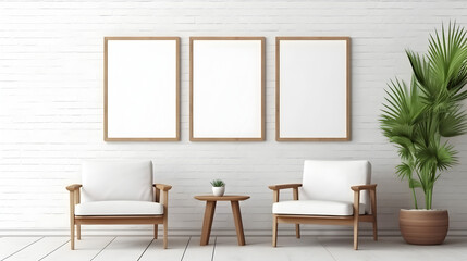The design of a living area with an empty frame mockup two wooden chairs against a white wall and copy space,,
Two Vertical Blank Picture Frame Mockup on The Wall, Mid Century Living Room
