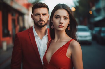 Handsome man with brunette wearing red clothing. Gentleman with charming attractive lady portrait. Generate ai