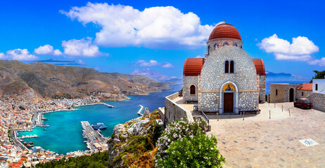  Greece travel- beautiful Kalymnos island, Dodecanese. view of town and agios Savvas monastery. - 720210757