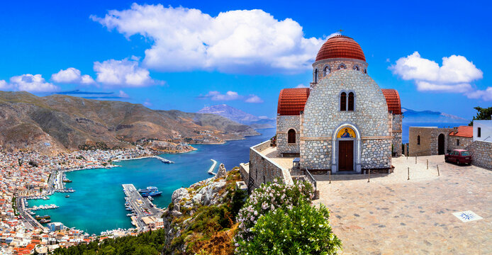  Greece travel- beautiful Kalymnos island, Dodecanese. view of town and agios Savvas monastery.