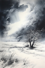 Solitary Tree Standing Against Tempestuous Skies in Monochrome Ink Wash Landscape. Generative AI. - 720210942