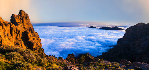 idyllic mountain landscape of Gran Canaria (Grand Canary) Canarian island of Spain, sunset over clouds . - 720210953