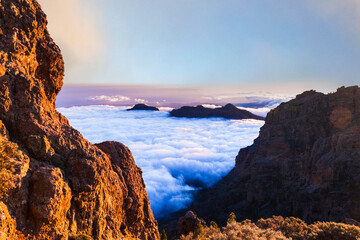 idyllic mountain landscape of Gran Canaria (Grand Canary) Canarian island of Spain, sunset over clouds - 720210972