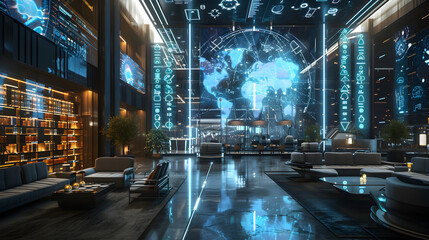 Cinematic photograph of hotel lobby filled with energy-filled data visualization. selective focus icons. AI. Smart spaces.