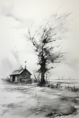 House in a Desolate Winter Landscape, An Ink Wash Painting Created With Generative AI Technology