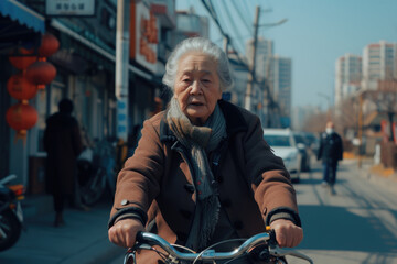Elderly Woman Riding a Bicycle Through a Bustling Street on a Sunny Day. Generative AI. - 720211940