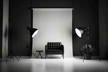  black and white photo studio with lighting and chair, Interior of modern photo studio - obrazy, fototapety, plakaty