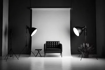 Fotobehang  black and white photo studio with lighting and chair, Interior of modern photo studio © Planetz