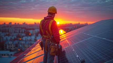 Technician Installing Solar Panels at Sunset on Urban Rooftop.