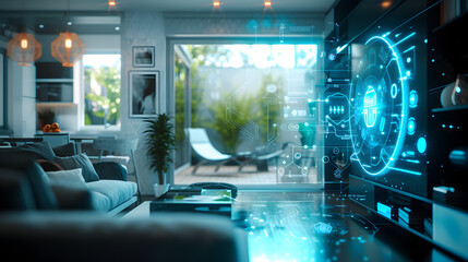 Cinematic photograph of home living room filled with energy-filled data visualization. selective focus icons. AI. Smart spaces.