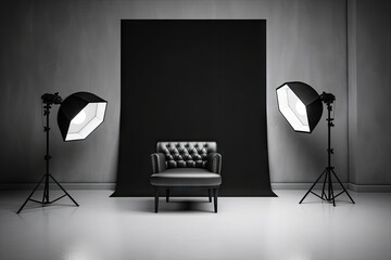  black and white photo studio with lighting and chair, Interior of modern photo studio