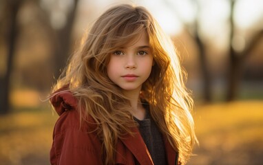 Fototapeta premium Young Girl With Long Hair Standing in a Park
