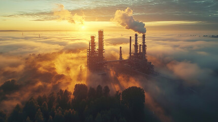 Nature and Industry Harmony Aerial View of Landscape in the Early Morning Fog