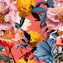A vibrant seamless pattern of stylized flowers in full bloom