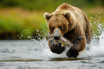  Brown Bear Triumphantly Grasping a Glistening Fish. Generative AI.