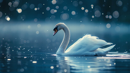 A majestic trumpeter swan glides gracefully through the tranquil waters of a winter lake, its snowy feathers reflecting the peacefulness of the outdoor scene - obrazy, fototapety, plakaty