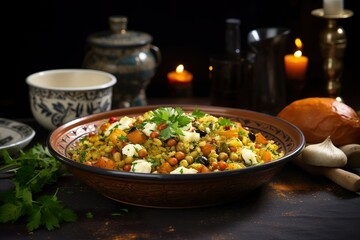 flat lay assorment of yummy delicious food on table made with AI  