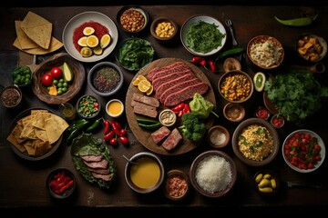 flat lay assorment of yummy delicious food on table made with AI  