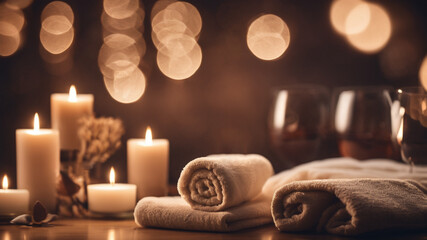 Fototapeta na wymiar spa setting, candles, wine glass and towels on the table, blurred lights in the background, wallpaper