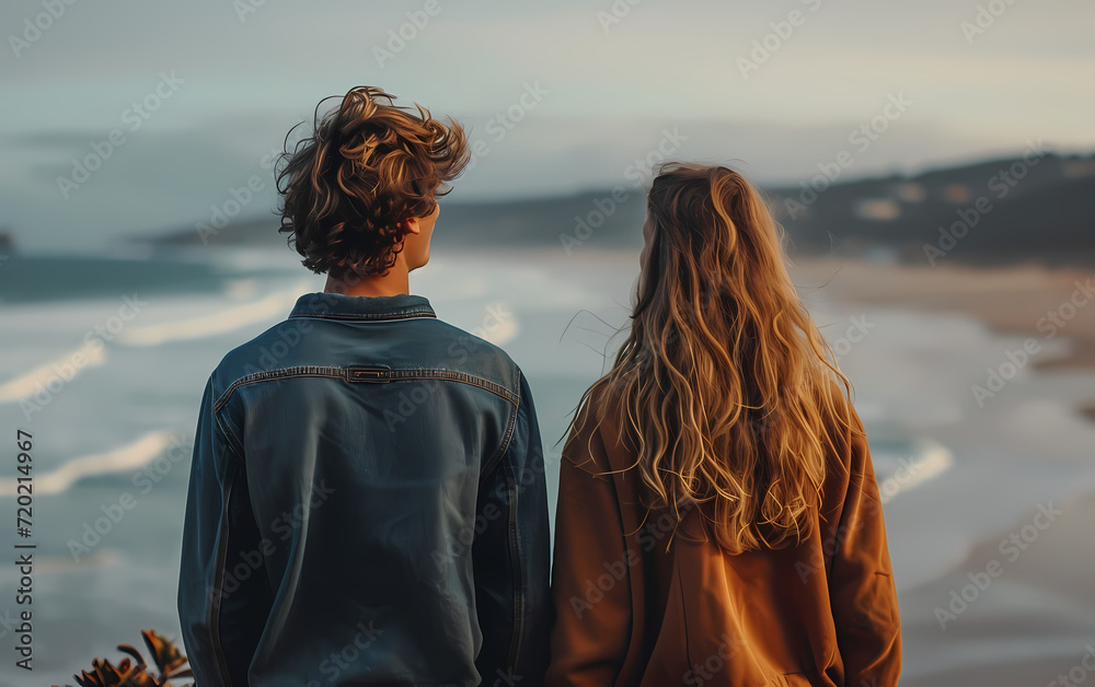 Wall mural two lovers, their hair dancing in the ocean breeze, stand on the sandy beach, taking in the vastness