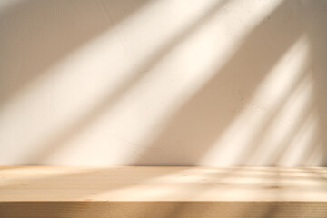 Wood texture table mockup on beige stucco background with geometric shadows on the wall. Mock up...