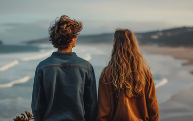 Two lovers, their hair dancing in the ocean breeze, stand on the sandy beach, taking in the vastness of the endless sky and sea before them