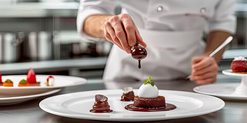 Obraz na płótnie Canvas chef putting chocolate on a small plate of food,