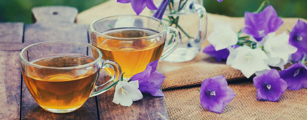Two cups of herbal tea in the garden. Horizontal banner