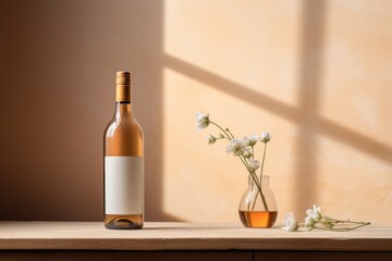 A bottle of white wine without a label next to a vase and a flower. Composition for commercial advertising