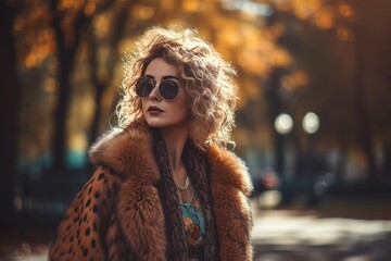 Italian curly woman in fur coat fall season. Stylish chic lady with sunglasses autumnal portrait. Generate ai