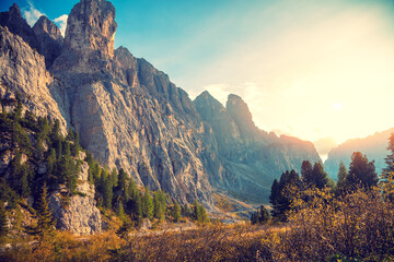 Mountain landscape. Rocks against the sky. The dolomites in South Tyrol, Gardena Pass, Italy, Europe - obrazy, fototapety, plakaty