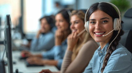 Friendly customer service representative with headset smiling at desk in a busy call center.