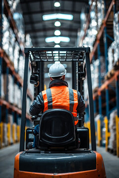 Forklift operator in safety vest working attentively in a large distribution warehouse