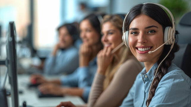 Friendly customer service representative with headset smiling at desk in a busy call center.