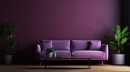 Mock up picture frame in the dark purple room interior with purple velvet sofa, realistic...