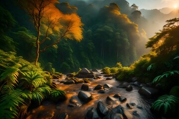 beautiful landscape nature of misty rain forest mountain in the morning. foggy flow from top hill to down hill with orange color by sun. nice place for outdoor travel on vacation or holidays.