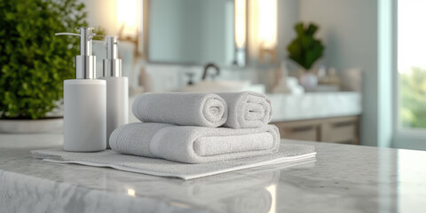 three towels are on a marble counter in White bathroom interior., 