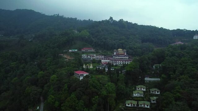 Aerial view of ranka monastery or lingdum or pal zurmang kagyud monastery in gangtok sikkim, India.