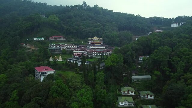 Aerial view of ranka monastery or lingdum or pal zurmang kagyud monastery in gangtok sikkim, India.