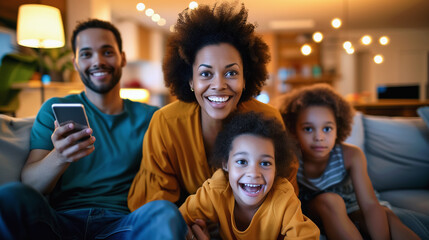 Happy family watching TV together at home. Afro-Americans blended family, excited faces. Man holds smartphone. 