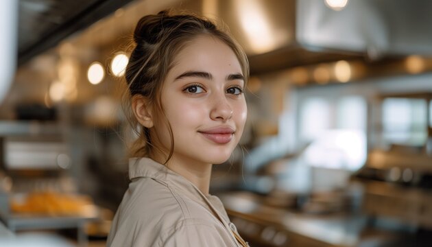 Close up portrait of young woman waitress in beige shef clothes in a light restaurant kitchen