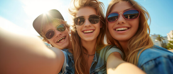 Capturing the Exuberant Joy of Youth: Three Friends Sharing a Laugh in the Sunshine with Stylish Sunglasses