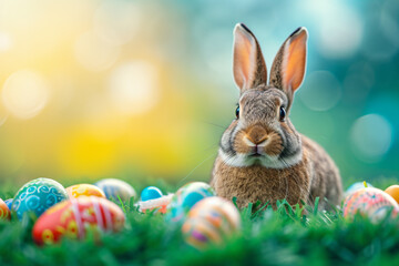 Fototapeta na wymiar Easter bunny and easter eggs on green grass with bokeh background