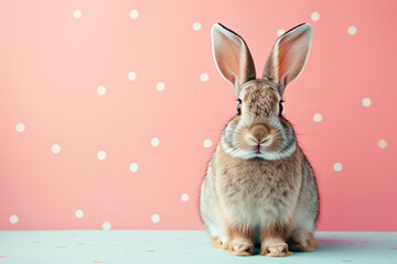 Cute little rabbit sitting on table and looking at camera on pink background Bunny Easter  Background