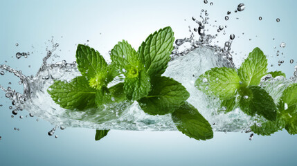 Crisp mint leaves captured in a refreshing splash of water, symbolizing freshness and natural flavor