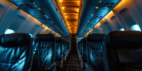 Interior empty cabin of a passenger civil aircraft, illuminated at night. Generative AI - obrazy, fototapety, plakaty